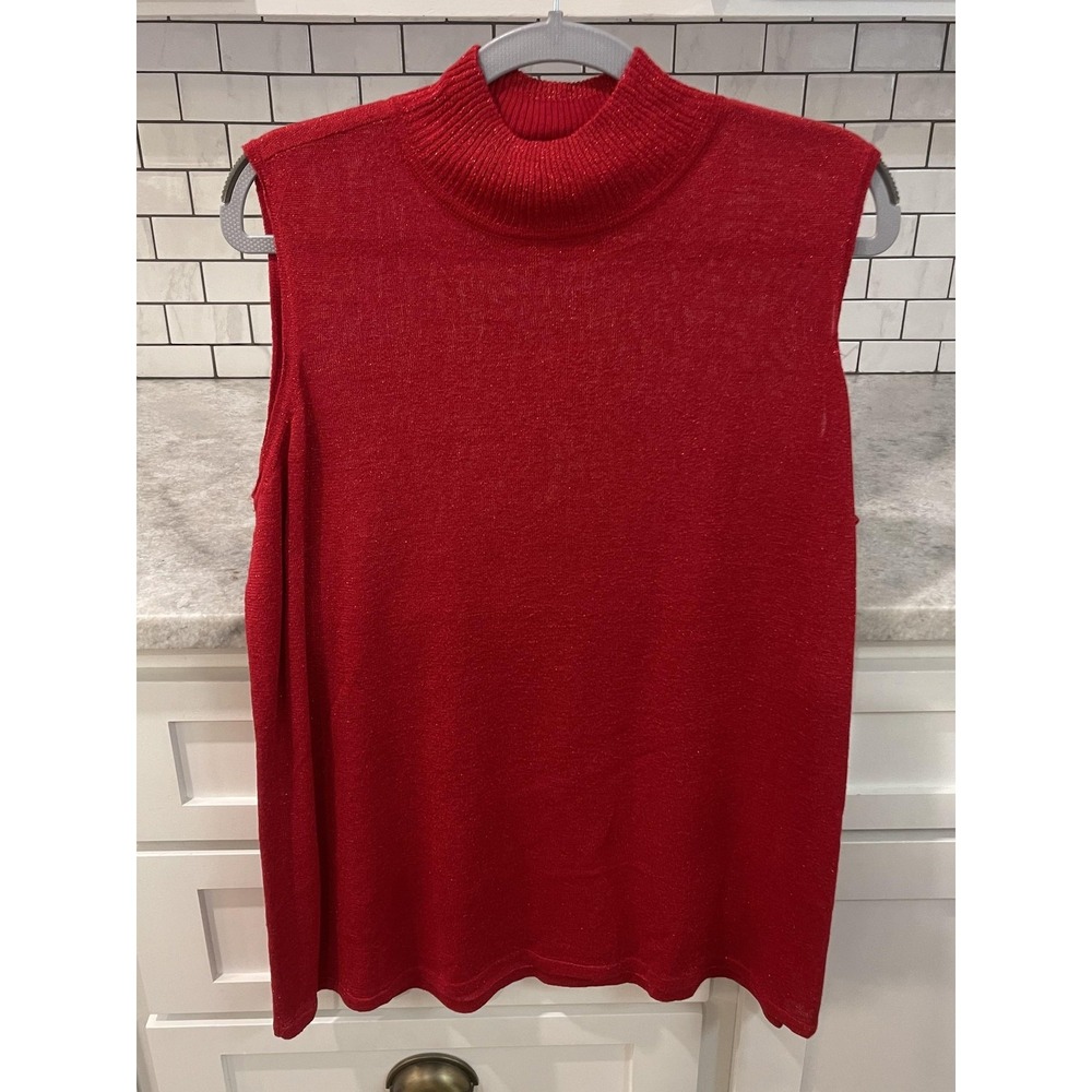 Nygard Sweater Tank Womens 2X Red Mock Neck‎ Sleeveless Metallic Knit Shell